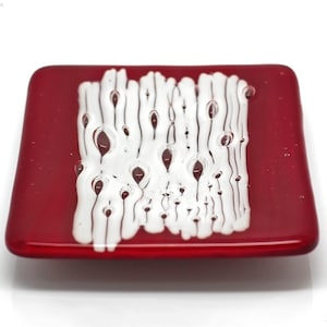 Fused Glass Art Tealight holder Candle holder Trinket dish Ring dish desk home decor Maroon Red and White Unique gift idea glass bubbles