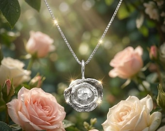 Handmade Silver Rose Necklace, Abstract Water Cast Pendant, Sterling Silver Jewelry, Unique Botanical Gift