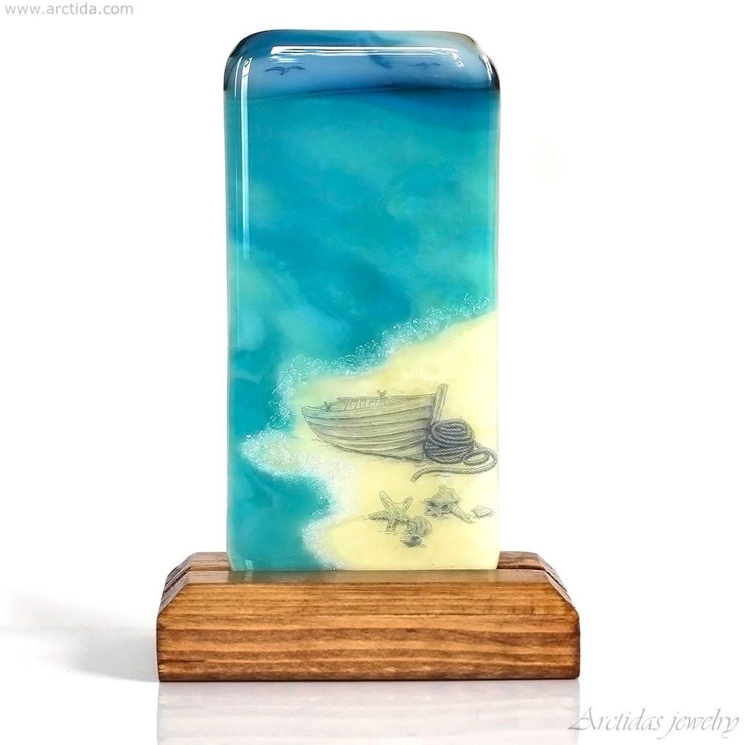 Image showcasing Fused Glass Beach Scene Panel Handmade Coastal Home Decor, Ocean Wave ...