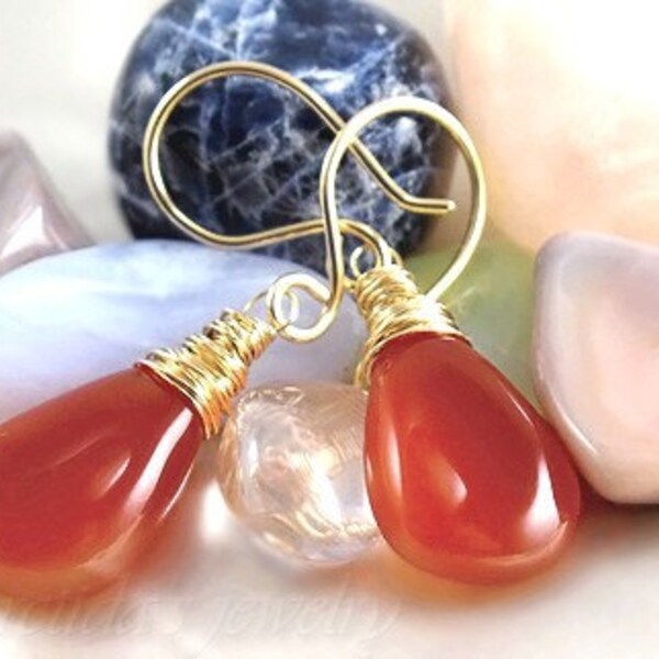 Orange earrings Chalcedony earrings wire wrapped 14K gold filled - spring wedding handmade tangerine pumpkin oht rusteam - Nika - Last pair
