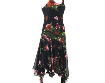 Vintage 1990s 2000s silk asymmetric dress, floral evening dress with silk ruffles by Renato Nucci / S
