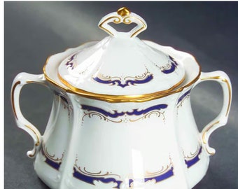 Sugar bowl- Baroness Gloriette by TIRSCHENREUTH Fine china, Cobalt blue and gold sugar bowl with lid.