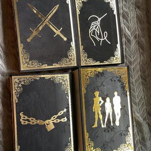 Op de afbeelding: Vier zwarte boeken met gouden randen en decoratieve ontwerpen. De omslagen tonen gekruiste zwaarden, een zweep, een ketting met een hangslot en drie figuren.