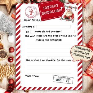 Carta a Papá Noel para imprimir Lista de Papá Noel Lista de deseos de Navidad Carta de Navidad Lista de deseos Lista de vacaciones Descarga instantánea para niños