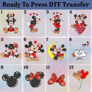 May include: A sheet of DTF (Direct to Film) transfers featuring various designs of Mickey and Minnie Mouse. Designs include the characters in various poses, hearts, and bows. The text "Ready To Press DTF Transfer" is at the top.