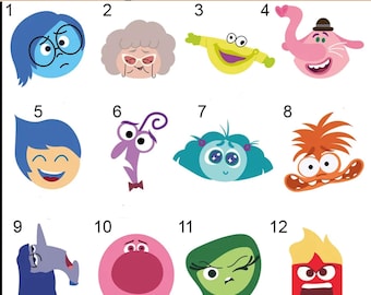 Op de afbeelding: Twaalf kleurrijke cartoonfiguren afbeeldingen genummerd van 1 tot en met 12. De personages zijn uit de film Inside Out. De personages zijn Joy, Sadness, Disgust, Fear, Anger, Bing Bong, en anderen.