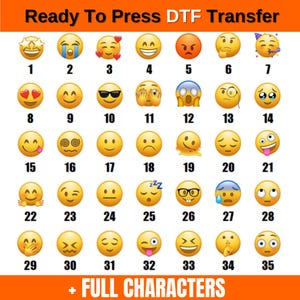 May include: A chart of 35 yellow emoji faces with different expressions. Each emoji is numbered from 1 to 35. The text "Ready To Press DTF Transfer" is at the top of the chart. The text "FULL CHARACTERS" is at the bottom of the chart.