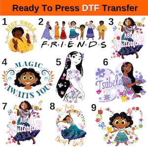 May include: Nine colorful iron-on transfers featuring characters and text from the animated film Encanto. The transfers include phrases like "Magic Awaits You", "Best Uncle", and "All About the Butterflies".