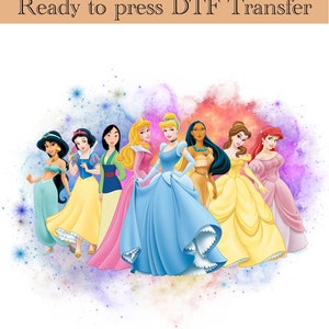 May include: A digital transfer design featuring a group of eight Disney princesses in colorful dresses against a watercolor background. The princesses include Jasmine, Snow White, Mulan, Aurora, Cinderella, Pocahontas, Belle, and Ariel.
