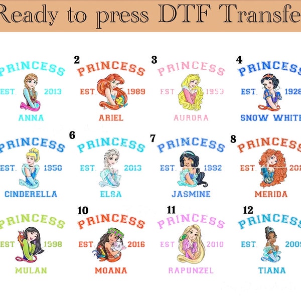 Disney Princess Ready To Press,Disney Heat Transfer,Rapunzel Dtf,Moana Dtf,Tiana DTF,Cinderella DTF,Aurora DTF,Disney Girl or Woman Transfer