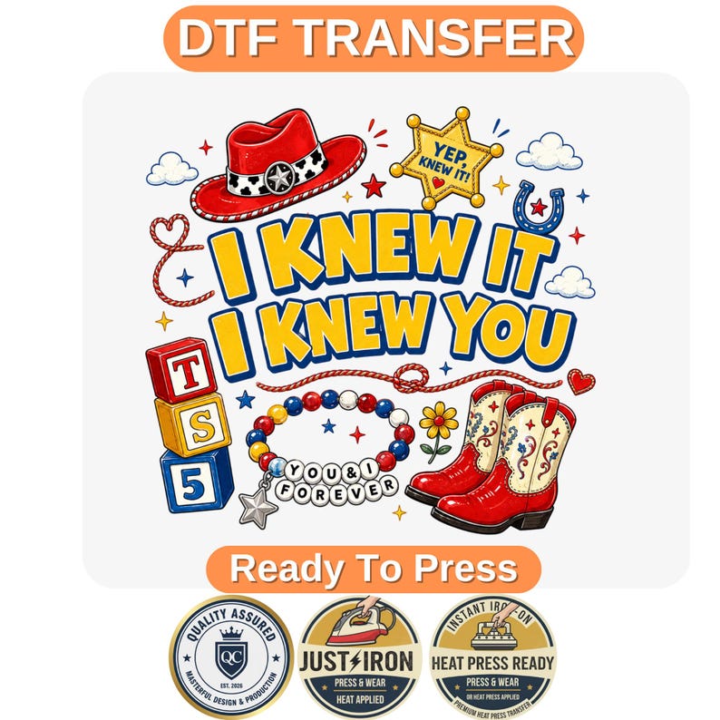 I Knew It transfer, TS inspired DTF, cartoon clouds star, friendship transfer, ready to press TS, pop culture DTF, heart stars iron on, toy story theme, cute heat transfer, ts movie quote, dtf transfer print, family matching tee, funny shirt decal
I Knew It transfer, TS inspired DTF, cartoon clouds star, friendship transfer, ready to press TS, pop culture DTF, heart stars iron on, toy story theme, cute heat transfer, ts movie quote, dtf transfer print, family matching tee, funny shirt decal