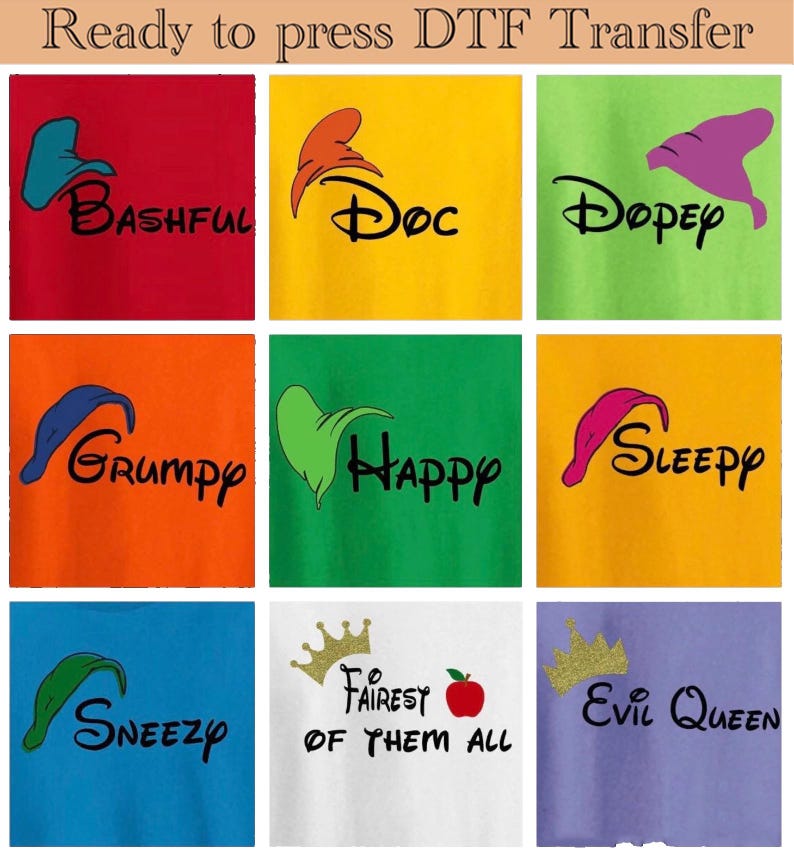 Seven Dwarfs Press Dtf Transfer, Seven Dwarfs costume Dtf Press, Disney Group Dtf, Snow White, Disney Family Dtf, Transfer, Ready To Press