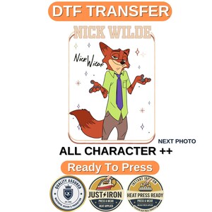Pode incluir: Transferência DTF com Nick Wilde de Zootopia. A imagem mostra o personagem com uma camisa verde, gravata roxa e calças marrons. O texto inclui "DTF TRANSFER", "NICK WILDE", "ALL CHARACTER ++" e "Ready To Press".