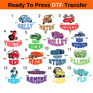 May include: A set of 15 iron-on transfers featuring characters from the Cars movie franchise. Each transfer includes a character's name, a year of establishment, and a number. The transfers are ready to be pressed onto fabric.