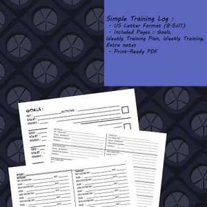 Peut inclure: Un modèle de journal d'entraînement imprimable en noir et blanc avec le titre "Simple Training Log" et le texte "US Letter Format (8.5x11)". Le modèle comprend des sections pour les objectifs, le plan d'entraînement hebdomadaire et l'entraînement hebdomadaire.