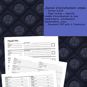 Peut inclure: Un journal d'entraînement imprimable noir et blanc avec des sections pour les objectifs, les actions et les séances d'entraînement hebdomadaires. Le journal comprend un espace pour enregistrer les exercices, la durée et les notes. Le texte sur la page indique "Journal d'entraînement simple: Format 8,5x11 Pages incluses: objectifs, modèle d'entraînement de base hebdomadaire, entraînement hebdomadaire, notes Document PDF prêt à l'impression".