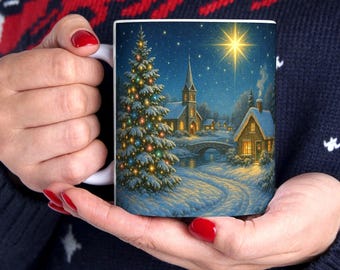 Cozy Snowy Cabin with Lit Christmas Tree Coffee Mug, Holiday Teacup