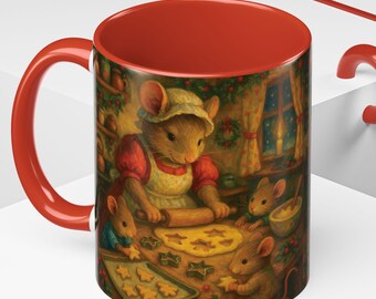 Christmas Mouse Coffee Mug, Cute Mouse Art Mug, Christmas Cookies Gift, Kitchen Decor, Seasonal Holiday Coffee Cup, Mice Teacup
