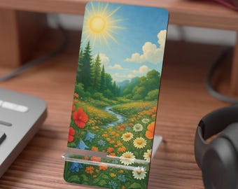 Sunny Meadow Landscape Mobile Display Stand for Smartphones | Floral Nature Phone Dock