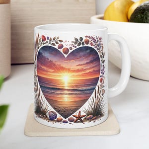 Sunset Beach Floral Heart Ceramic Mug, Nature Lover Gift, Ocean Vibe Cup, Boho Coffee Mug Sunset Decor, Beach House Coffeeware, Gift for Her