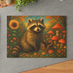 Rustic Raccoon Glass Cutting Board, Sunflower & Mushroom Kitchen Decor, Food Prep Board Woodland Animal Lover Gift, Unique Housewarming Gift