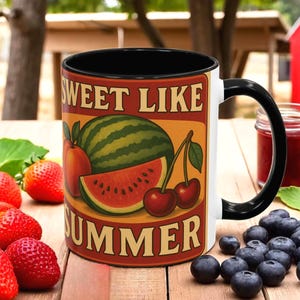Sweet Like Summer Mug, Retro Fruit Coffee Cup with Watermelon Peach Cherry Art Vintage Summer Gift for Her Summer Vibes Fun Gift for Friends