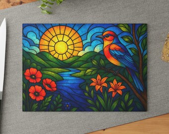 Stained Glass Cutting Board, Floral Kitchen Decor, Sunrise Bird Glass Board, River Glass Decor, Kitchen Gift