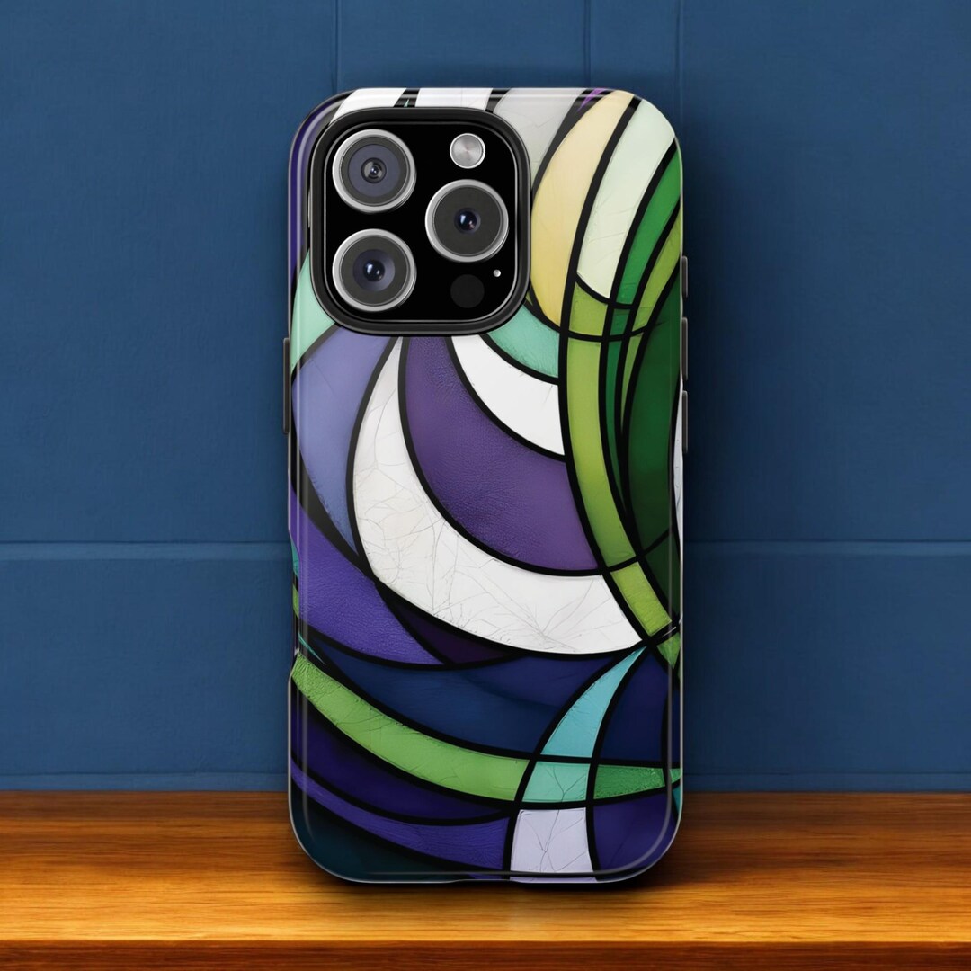 Abstract Stained Glass Phone Cover, Colorful Swirl Art, Purple Green ...