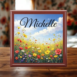 Personalized Floral Jewelry Box Wildflower Design with Custom Name Keepsake Box for Gifts 6&quot;x6&quot; Unique Wooden Jewelry Organizer Gift for Her