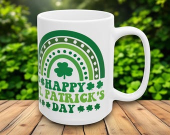 St. Patrick's Day Mug, Rainbow Shamrock Mug, Irish Holiday Gift, Cute Coffee Cup for St. Patty's Day Celebration, Ireland Present 11oz, 15oz