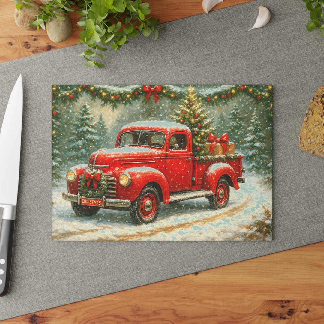 Vintage Christmas Truck Glass Cutting Board, Holiday Kitchen Décor ...