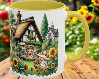 Cottagecore Sunflower Sisters Mug, Vintage Country Cottage, Cozy Farmhouse Aesthetic, English Garden Cup, Floral Tea Mug, Rustic Nature Gift