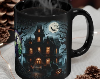 Halloween Haunted Mansion Coffee Mug, 11-15oz, Pumpkins, Cat, Spooky Gift, Halloween Gift, Stained Glass Witch Accent, Gothic Coffee Cup