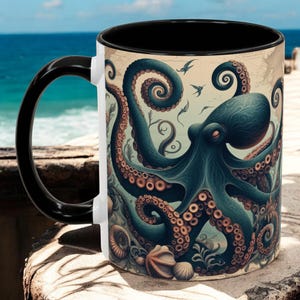 Nautical Octopus Mug Ocean Lover Gift Coastal Marine Life Decor Octopus Art 11oz, 15oz Gift for Ocean Enthusiast, Beach House Gift for Dad