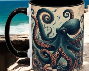 Nautical Octopus Mug Ocean Lover Gift Coastal Marine Life Decor Octopus Art 11oz, 15oz Gift for Ocean Enthusiast, Beach House Gift for Dad