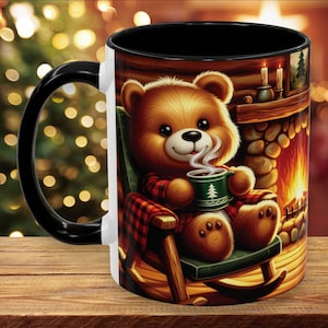 Cozy Teddy Bear Christmas Mug, 11oz, Adorable Holiday Fireplace Scene, Rustic Festive Coffee Mug, Cute Winter Gift for Christmas Lovers