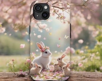 Spring Bunny Phone Case Floral Rabbit with Baby Bunnies Cherry Blossoms Easter Nature Art Phone Cover Protective Case iPhone Samsung Galaxy