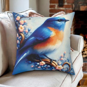 Bluebird Throw Pillow, Vintage Bird Art Cushion, Floral Bird Pillow, Cottagecore Home Décor, Nature-Inspired Pillow, Gift for Bird Lovers