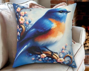 Bluebird Throw Pillow, Vintage Bird Art Cushion, Floral Bird Pillow, Cottagecore Home Décor, Nature-Inspired Pillow, Gift for Bird Lovers