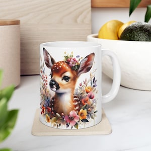 Floral Fawn Cottagecore Mug, Cute Baby Deer Coffee Cup for Nature Lovers Perfect Gift for Christmas Birthdays, Housewarming, Woodland Teacup