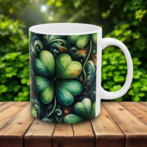 Patrick&#39;s Day Shamrock Mug, Intricate Green Clover Swirls, Irish Luck Mug, Celtic-Inspired St. Paddy&#39;s Day Coffee Tea Mug Gift (11oz, 15oz)