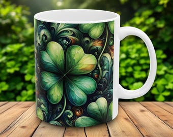 Patrick's Day Shamrock Mug, Intricate Green Clover Swirls, Irish Luck Mug, Celtic-Inspired St. Paddy's Day Coffee Tea Mug Gift (11oz, 15oz)