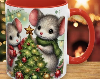 Adorable Christmas Mouse Mug, 11oz, Cute Mice Decorating Tree, Holiday Coffee Mug  Woodland Animals Cute Gift for Nature and Wildlife Lovers