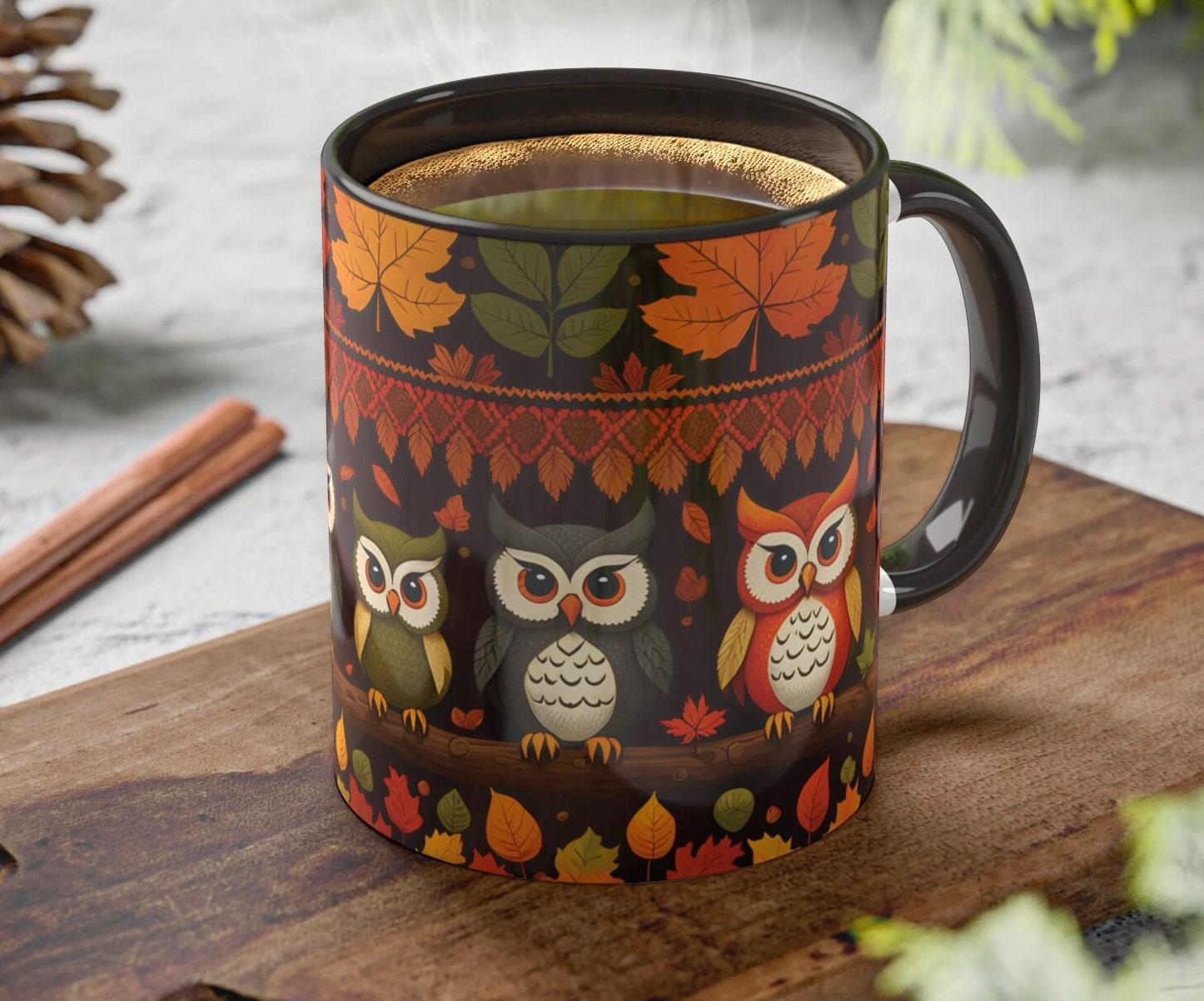 Autumn Owl Mug, Colorful Coffee Mug with Sweater Design, 11oz, Fall Tea Mug, Cute Owl Cup, Seasonal 