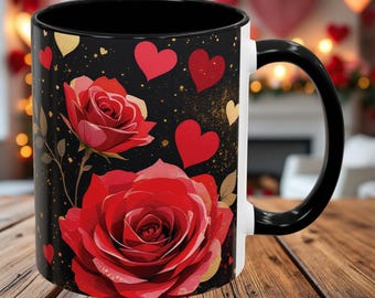 Romantic Valentine's Day Mug, Red Roses with Hearts & Gold Accents, 11oz 15oz Perfect Gift for Love Coffee or Tea Lovers Floral Gift for Her