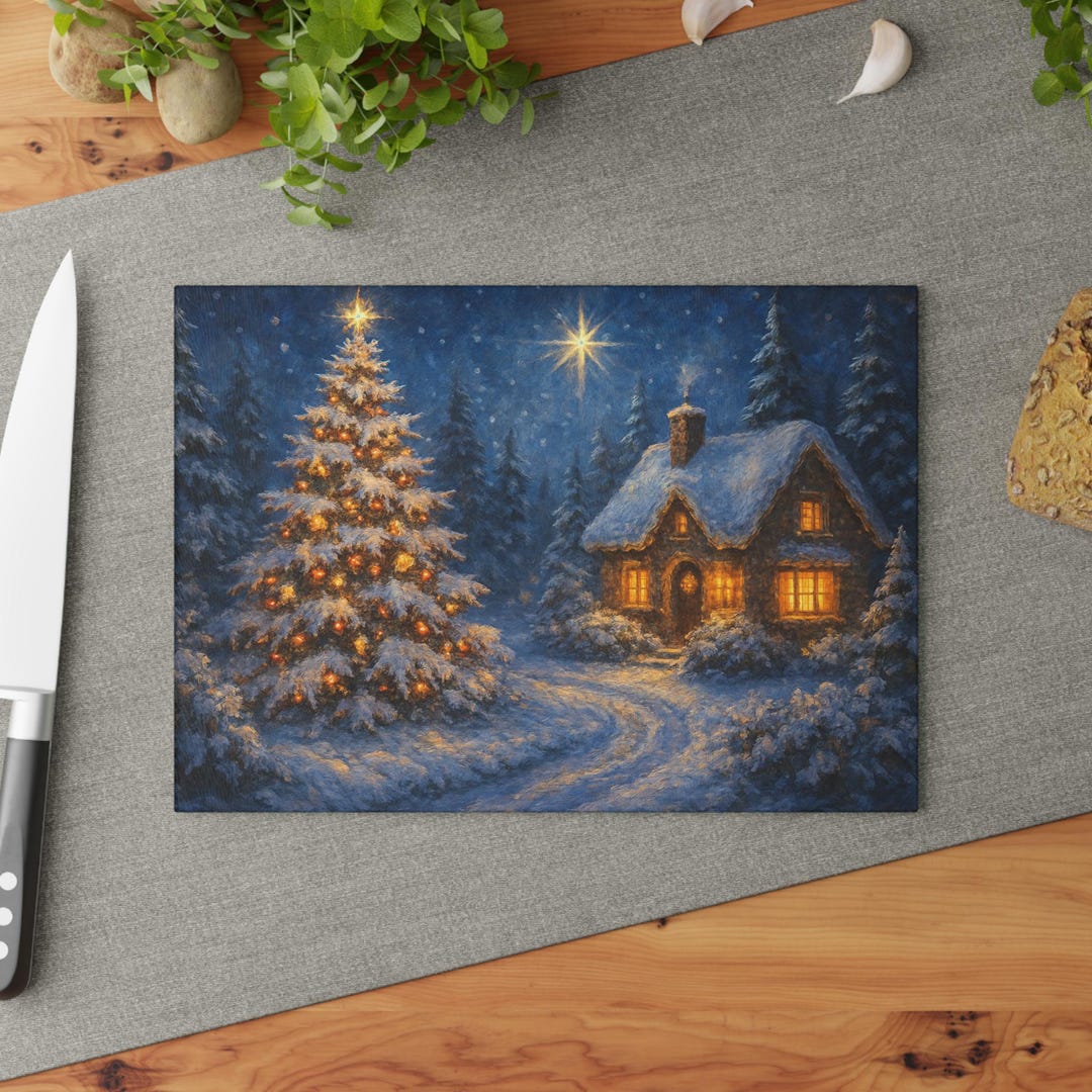 Christmas Glass Cutting Board, Festive Cottage Kitchen Decor, Holiday ...