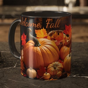 Autumn Pumpkin Harvest Mug, &quot;Welcome Fall&quot; Quote, Leaves, Fall Coffee Cup, Tea Mug, Thanksgiving Drinkware, Seasonal Gift, Harvest Gift