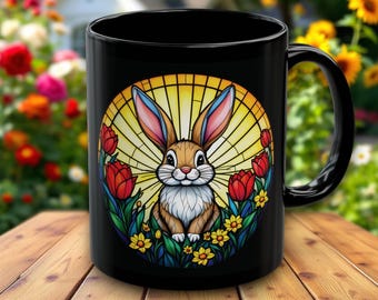 Easter Bunny Mug, Stained Glass Spring Rabbit, Tulip & Wildflower Art, Cute Easter Gift, Nature Coffee Cup, Whimsical Tea Mug (11oz, 15oz)