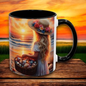 Beach Sunrise with Seashell Girl Coffee Mug Summer Vibes, Gift for Beach Lovers Shell Collectors Coastal Vacation Mug, Relaxation Coffee Cup