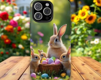 Easter Bunny Phone Case, Cute Rabbit Family Pastel Eggs Spring Floral Art Nature Lover Gift Farmhouse Aesthetic Easter Decor Protective Case